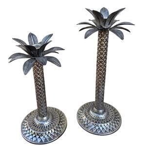 VTG Palm Tree Silver Plated Hollowware Candlestick Pair MCM Retro Candle Holders